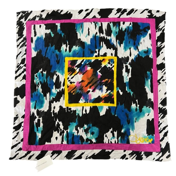 Diane von Furstenberg cotton square scarf techno colored blue NWT - Picture 1 of 8